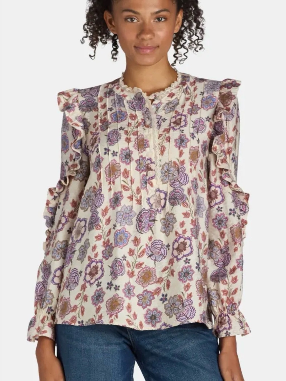 🎒The Pioneer Cream Floral Ruffle Long-Sleeve Blouse size XL 16-18 GUC